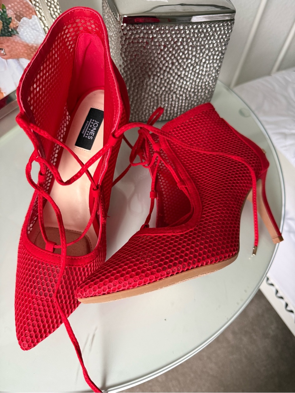 Jones New York Red Lace-Up Mesh Pointed-Toe Heels - Picture 4 of 7